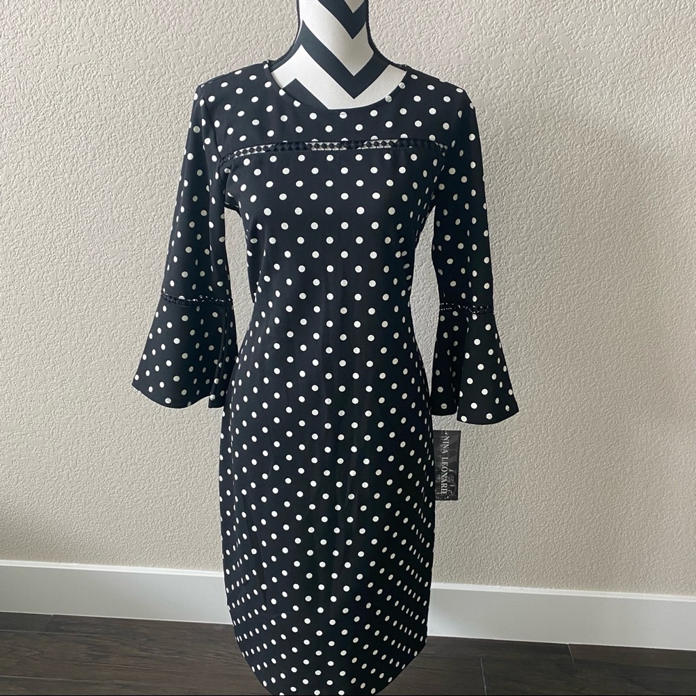 Nina Leonard || black and white polka dot sheath dress